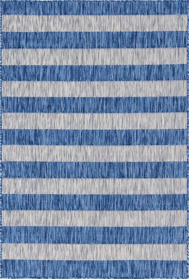 Blue 4' 1 x 6' 1 Outdoor Striped Rectangle Area Rug Weather Resistant for Patio, Deck, Terrace, Balcony, Porch Geometric Pattern Waterproof Carpet for Sale at Rug Engine