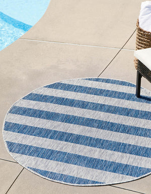 Blue 4' 1 x 4' 1 Outdoor Striped Round Area Rug Weather Resistant for Patio, Deck, Terrace, Balcony, Porch Geometric Pattern Waterproof Carpet for Sale at Rug Engine