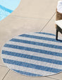 Blue 4' 1 x 4' 1 Outdoor Striped Round Area Rug Weather Resistant for Patio, Deck, Terrace, Balcony, Porch Geometric Pattern Waterproof Carpet for Sale at Rug Engine