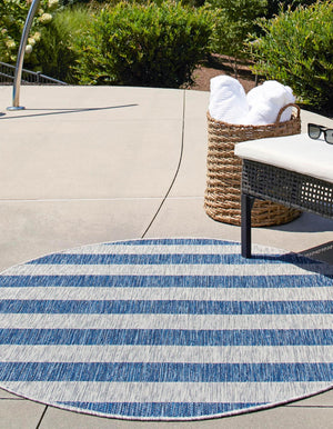 Blue 4' 1 x 4' 1 Outdoor Striped Round Area Rug Weather Resistant for Patio, Deck, Terrace, Balcony, Porch Geometric Pattern Waterproof Carpet for Sale at Rug Engine
