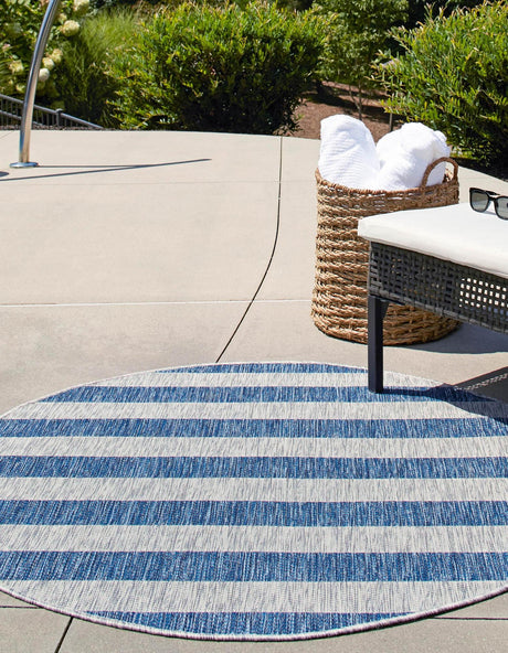 Blue 4' 1 x 4' 1 Outdoor Striped Round Area Rug Weather Resistant for Patio, Deck, Terrace, Balcony, Porch Geometric Pattern Waterproof Carpet for Sale at Rug Engine