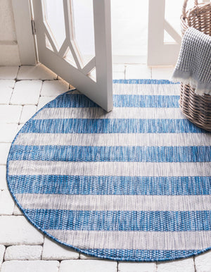 Blue 4' 1 x 4' 1 Outdoor Striped Round Area Rug Weather Resistant for Patio, Deck, Terrace, Balcony, Porch Geometric Pattern Waterproof Carpet for Sale at Rug Engine