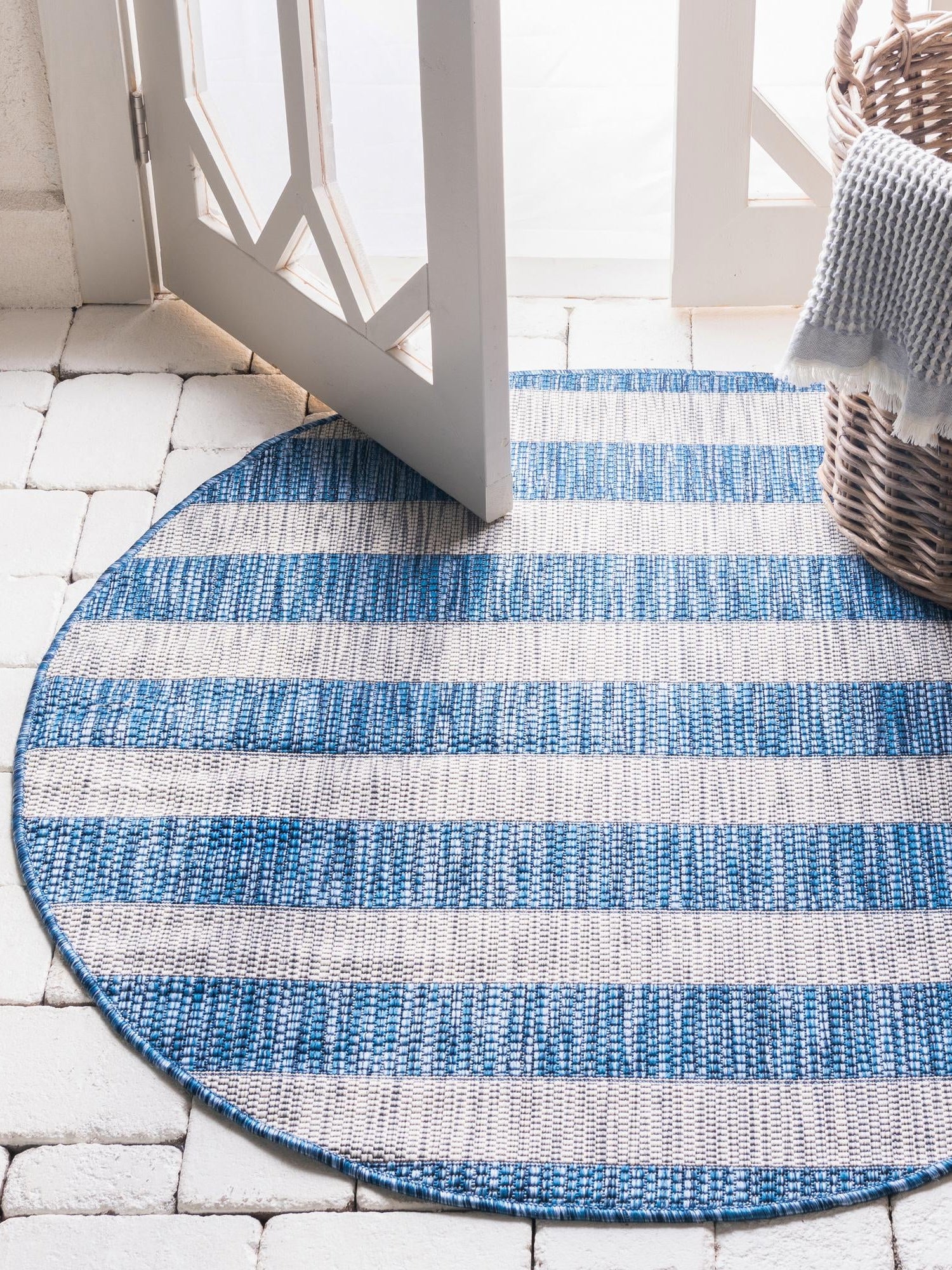 Blue 12' x 12' Outdoor Striped Round Area Rug Weather Resistant for Patio, Deck, Terrace, Balcony, Porch Geometric Pattern Waterproof Carpet for Sale at Rug Engine