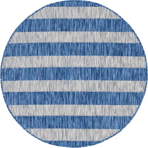 Blue 4' 1 x 4' 1 Outdoor Striped Round Area Rug Weather Resistant for Patio, Deck, Terrace, Balcony, Porch Geometric Pattern Waterproof Carpet for Sale at Rug Engine