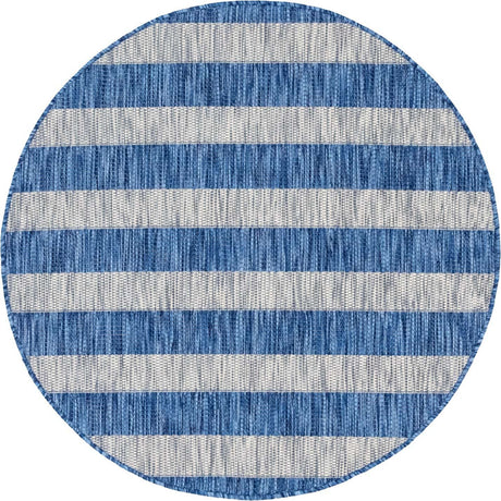 Blue 4' 1 x 4' 1 Outdoor Striped Round Area Rug Weather Resistant for Patio, Deck, Terrace, Balcony, Porch Geometric Pattern Waterproof Carpet for Sale at Rug Engine