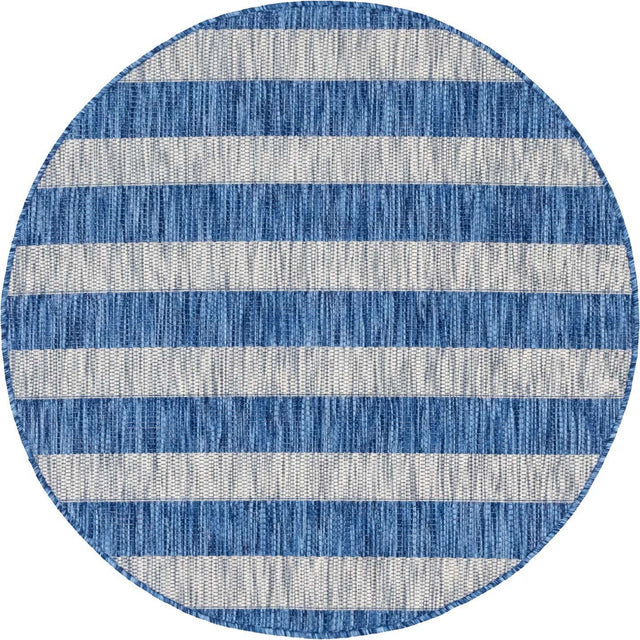 Blue 4' 1 x 4' 1 Outdoor Striped Round Area Rug Weather Resistant for Patio, Deck, Terrace, Balcony, Porch Geometric Pattern Waterproof Carpet for Sale at Rug Engine