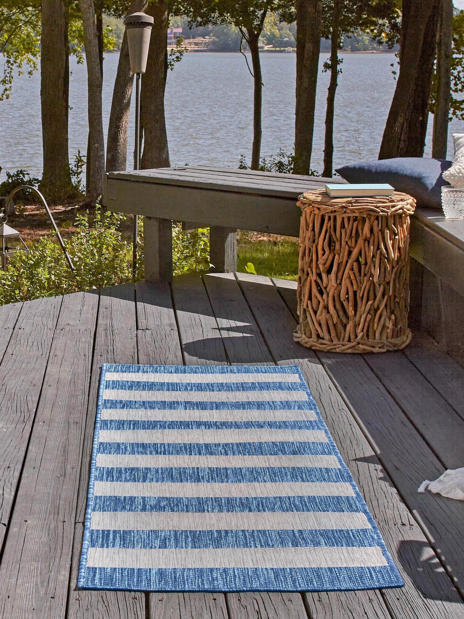 Blue 2' 7 x 10' Outdoor Striped Runner Area Rug Weather Resistant for Patio, Deck, Terrace, Balcony, Porch Geometric Pattern Waterproof Carpet for Sale at Rug Engine