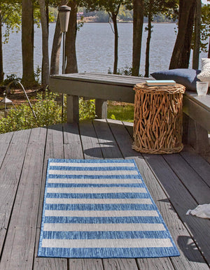 Blue 2' 7 x 10' Outdoor Striped Runner Area Rug Weather Resistant for Patio, Deck, Terrace, Balcony, Porch Geometric Pattern Waterproof Carpet for Sale at Rug Engine