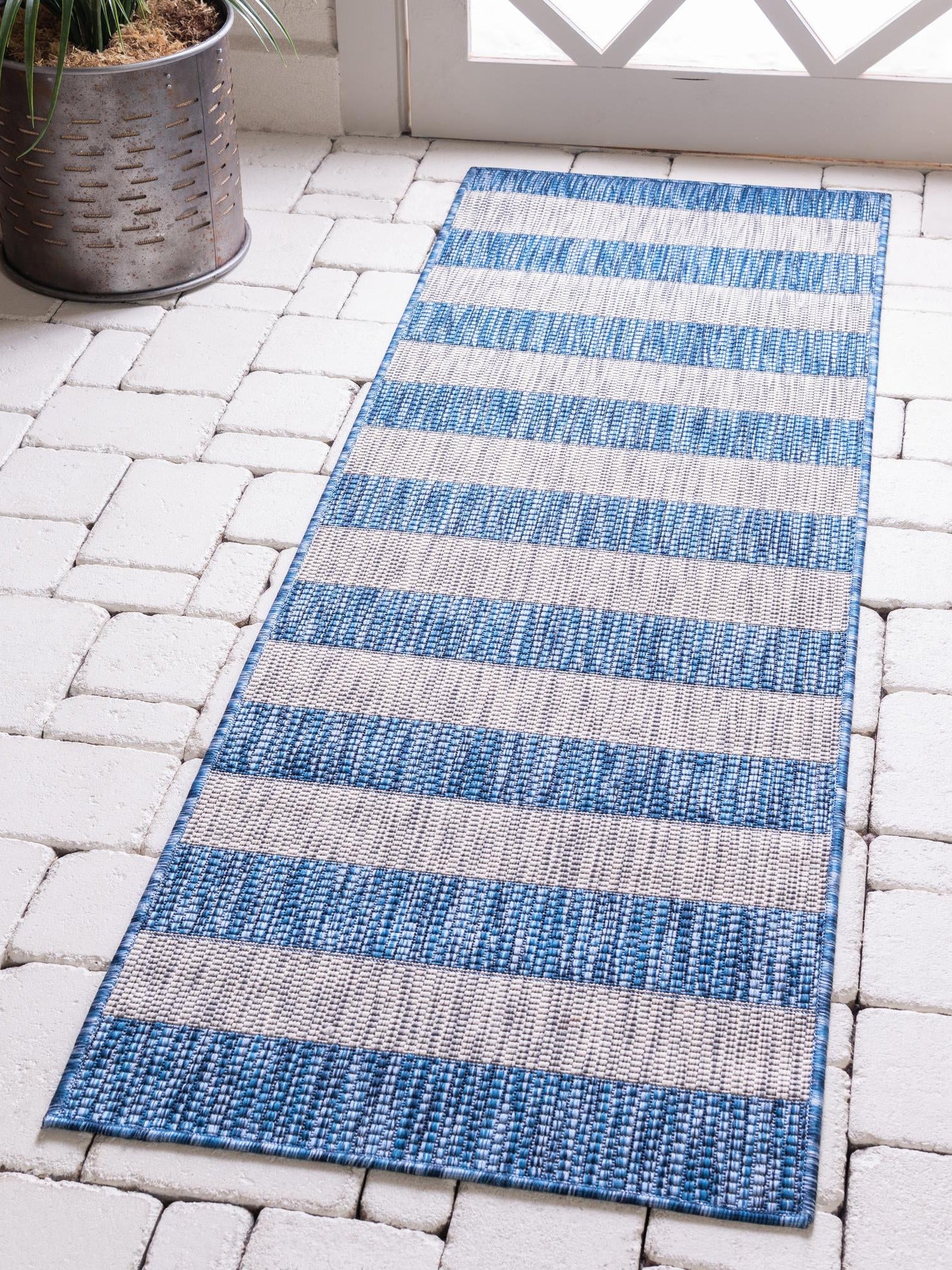 Blue 2' 7 x 10' Outdoor Striped Runner Area Rug Weather Resistant for Patio, Deck, Terrace, Balcony, Porch Geometric Pattern Waterproof Carpet for Sale at Rug Engine