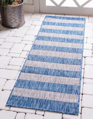 Blue 2' 7 x 10' Outdoor Striped Runner Area Rug Weather Resistant for Patio, Deck, Terrace, Balcony, Porch Geometric Pattern Waterproof Carpet for Sale at Rug Engine