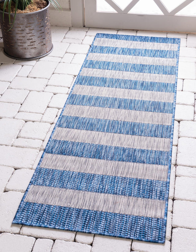 Blue 2' 7 x 10' Outdoor Striped Runner Area Rug Weather Resistant for Patio, Deck, Terrace, Balcony, Porch Geometric Pattern Waterproof Carpet for Sale at Rug Engine