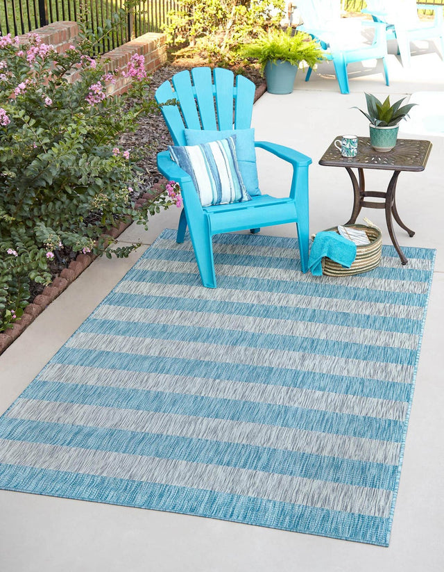 Light Aqua 7' 10 x 11' Outdoor Striped Rectangle Area Rug Weather Resistant for Patio, Deck, Terrace, Balcony, Porch Geometric Pattern Waterproof Carpet for Sale at Rug Engine