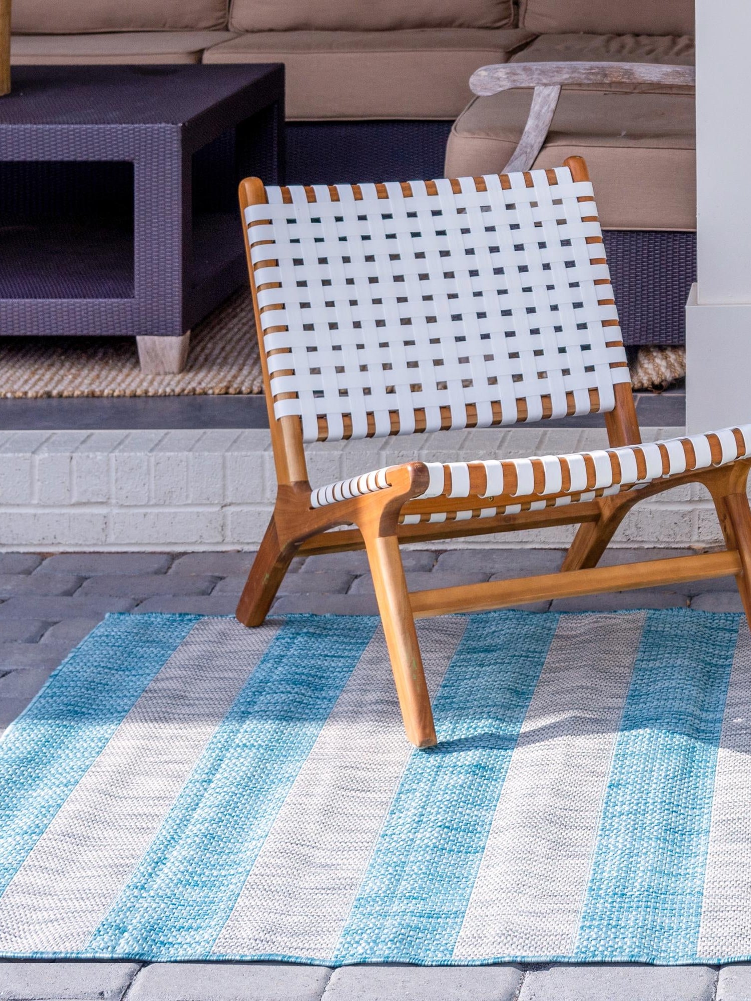 Light Aqua 6' 1 x 9' Outdoor Striped Rectangle Area Rug Weather Resistant for Patio, Deck, Terrace, Balcony, Porch Geometric Pattern Waterproof Carpet for Sale at Rug Engine