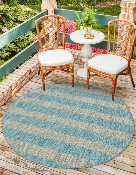 Light Aqua 4' 1 x 4' 1 Outdoor Striped Round Area Rug Weather Resistant for Patio, Deck, Terrace, Balcony, Porch
