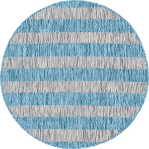 Light Aqua 4' 1 x 4' 1 Outdoor Striped Round Area Rug Weather Resistant for Patio, Deck, Terrace, Balcony, Porch
