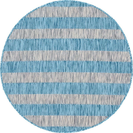 Light Aqua 4' 1 x 4' 1 Outdoor Striped Round Area Rug Weather Resistant for Patio, Deck, Terrace, Balcony, Porch