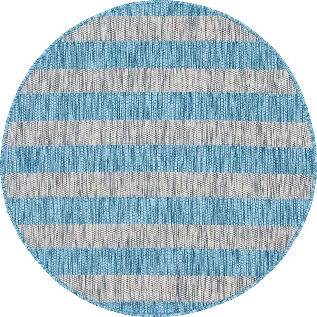 Light Aqua 4' 1 x 4' 1 Outdoor Striped Round Area Rug Weather Resistant for Patio, Deck, Terrace, Balcony, Porch