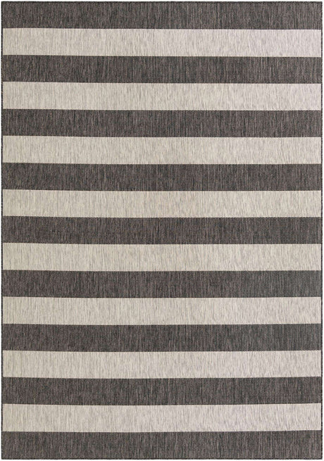 Charcoal Gray 7' 10 x 11' Outdoor Striped Rectangle Area Rug Weather Resistant for Patio, Deck, Terrace, Balcony, Porch