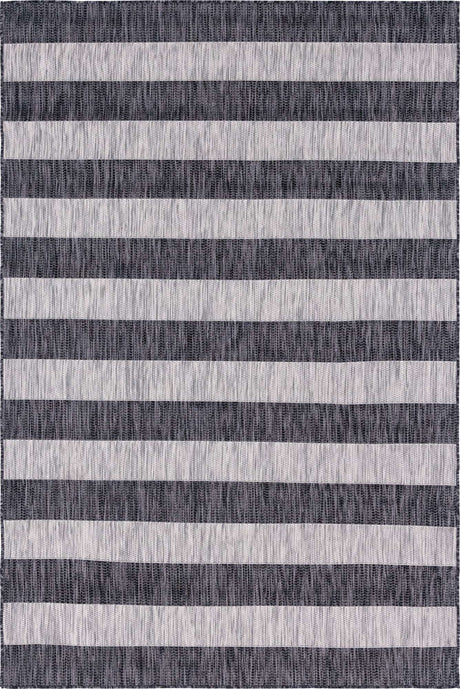 Charcoal Gray 6' 1 x 9' Outdoor Striped Rectangle Area Rug Weather Resistant for Patio, Deck, Terrace, Balcony, Porch