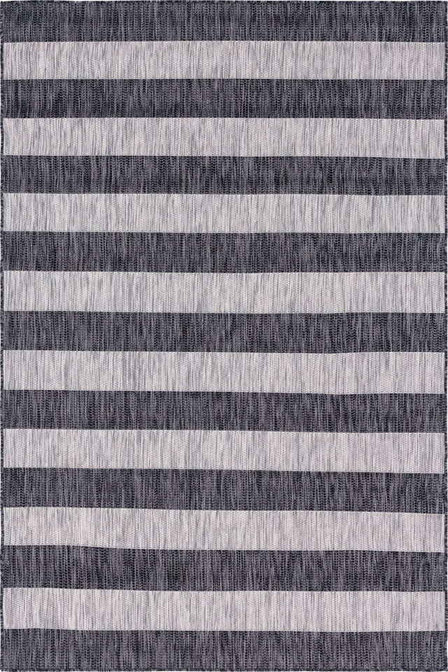 Charcoal Gray 6' 1 x 9' Outdoor Striped Rectangle Area Rug Weather Resistant for Patio, Deck, Terrace, Balcony, Porch
