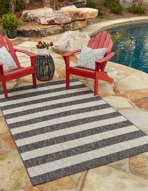 Charcoal Gray 9' x 12' Outdoor Striped Rectangle Rug