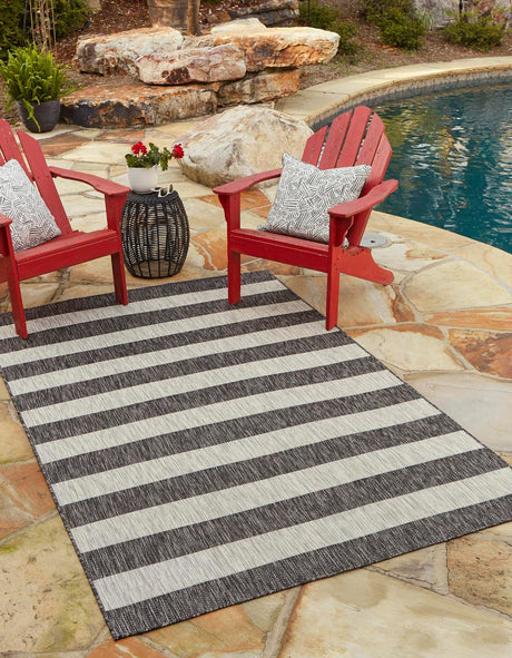 Charcoal Gray 9' x 12' Outdoor Striped Rectangle Rug