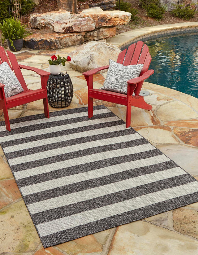 Charcoal Gray 9' x 12' Outdoor Striped Rectangle Rug