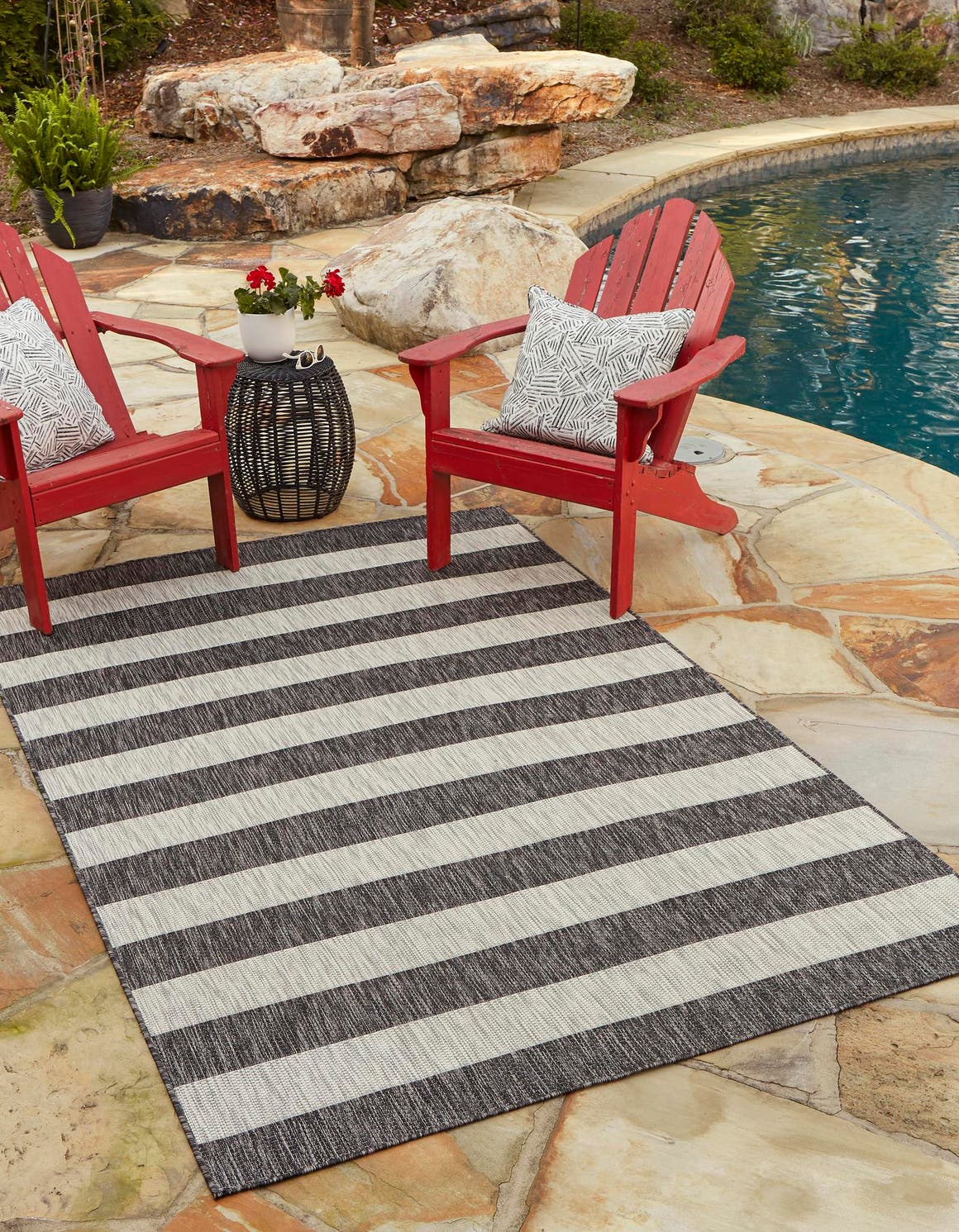 Charcoal Gray 4' 1 x 6' 1 Outdoor Striped Rectangle Area Rug Weather Resistant for Patio, Deck, Terrace, Balcony, Porch Geometric Pattern Waterproof Carpet for Sale at Rug Engine
