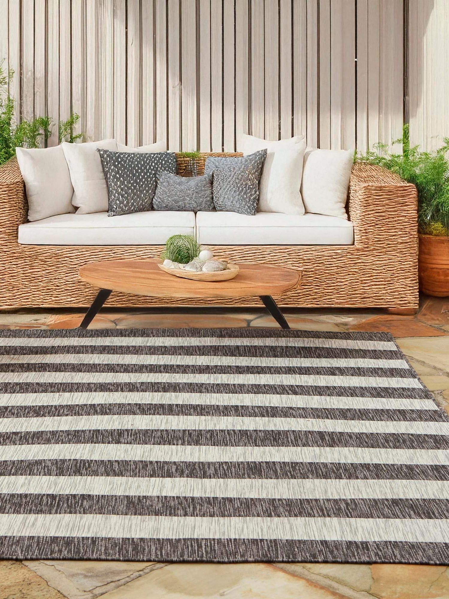 Charcoal Gray 4' 1 x 6' 1 Outdoor Striped Rectangle Area Rug Weather Resistant for Patio, Deck, Terrace, Balcony, Porch Geometric Pattern Waterproof Carpet for Sale at Rug Engine