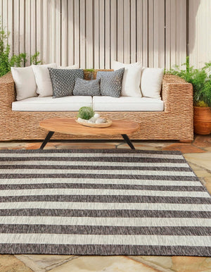 Charcoal Gray 9' x 12' Outdoor Striped Rectangle Rug