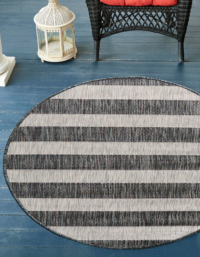 Charcoal Gray 4' 1 x 4' 1 Outdoor Striped Round Area Rug Weather Resistant for Patio, Deck, Terrace, Balcony, Porch Geometric Pattern Waterproof Carpet for Sale at Rug Engine