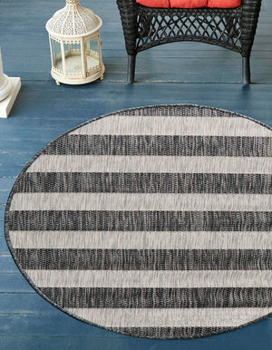 Charcoal Gray 13' 1 x 13' 1 Outdoor Striped Round Area Rug Weather Resistant for Patio, Deck, Terrace, Balcony, Porch Geometric Pattern Waterproof Carpet for Sale at Rug Engine