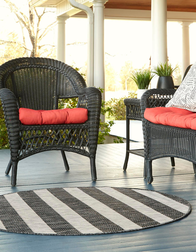 Charcoal Gray 13' 1 x 13' 1 Outdoor Striped Round Area Rug Weather Resistant for Patio, Deck, Terrace, Balcony, Porch Geometric Pattern Waterproof Carpet for Sale at Rug Engine