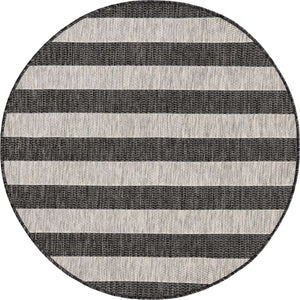 Charcoal Gray 4' 1 x 4' 1 Outdoor Striped Round Area Rug Weather Resistant for Patio, Deck, Terrace, Balcony, Porch Geometric Pattern Waterproof Carpet for Sale at Rug Engine