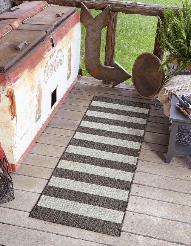 Charcoal Gray 2' x 6' 1 Outdoor Striped Runner Area Rug Weather Resistant for Patio, Deck, Terrace, Balcony, Porch Geometric Pattern Waterproof Carpet for Sale at Rug Engine