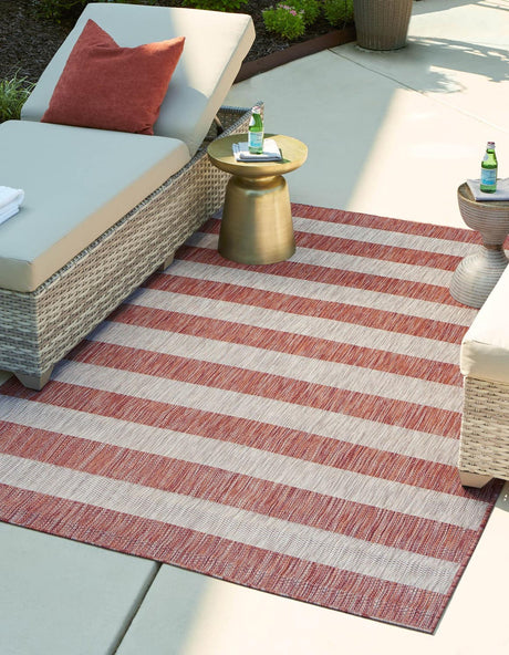 Rust Red 9' x 12' Outdoor Striped Rectangle Area Rug Weather Resistant for Patio, Deck, Terrace, Balcony, Porch