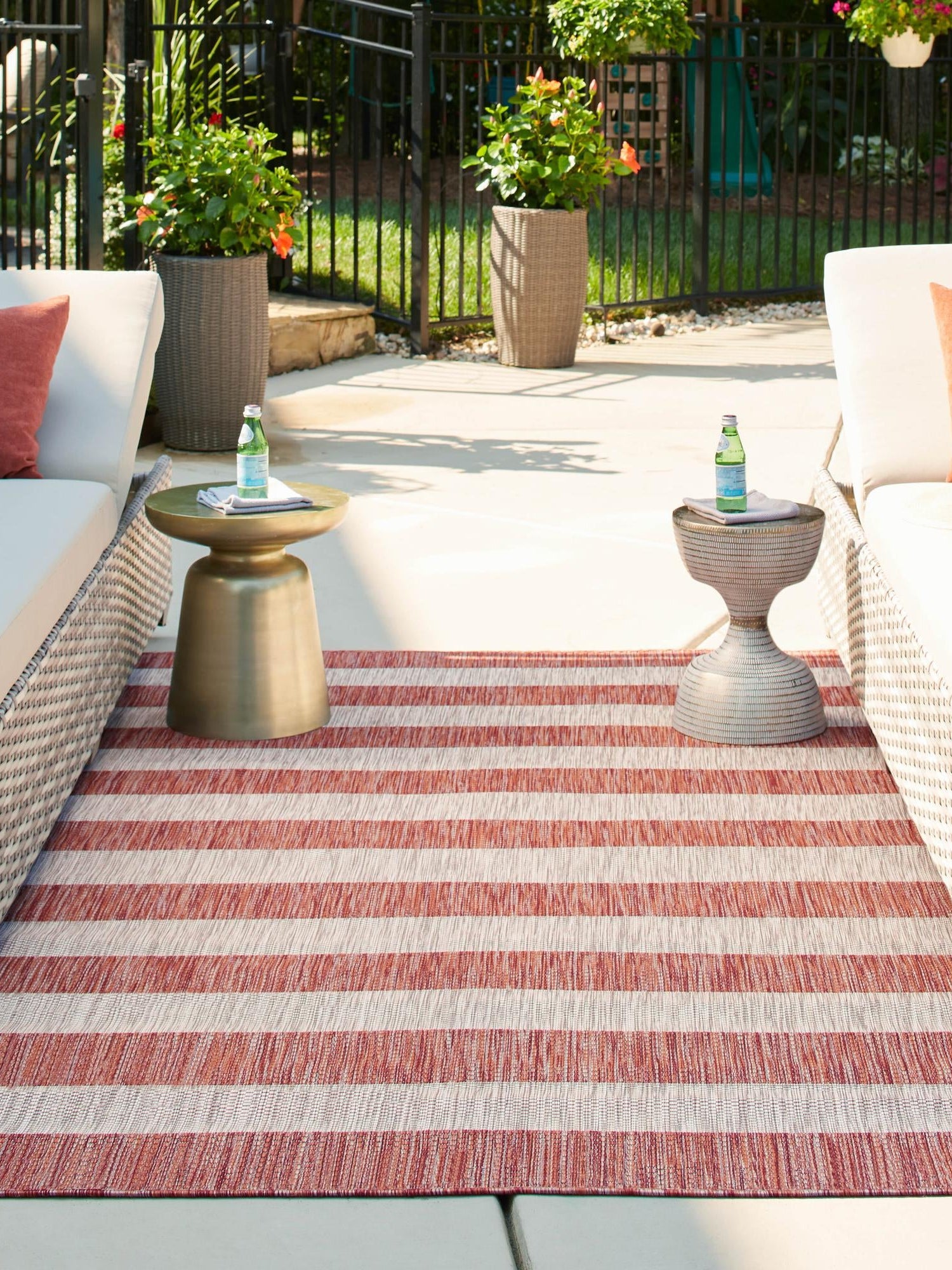 Rust Red 9' x 12' Outdoor Striped Rectangle Area Rug Weather Resistant for Patio, Deck, Terrace, Balcony, Porch Geometric Pattern Waterproof Carpet for Sale at Rug Engine