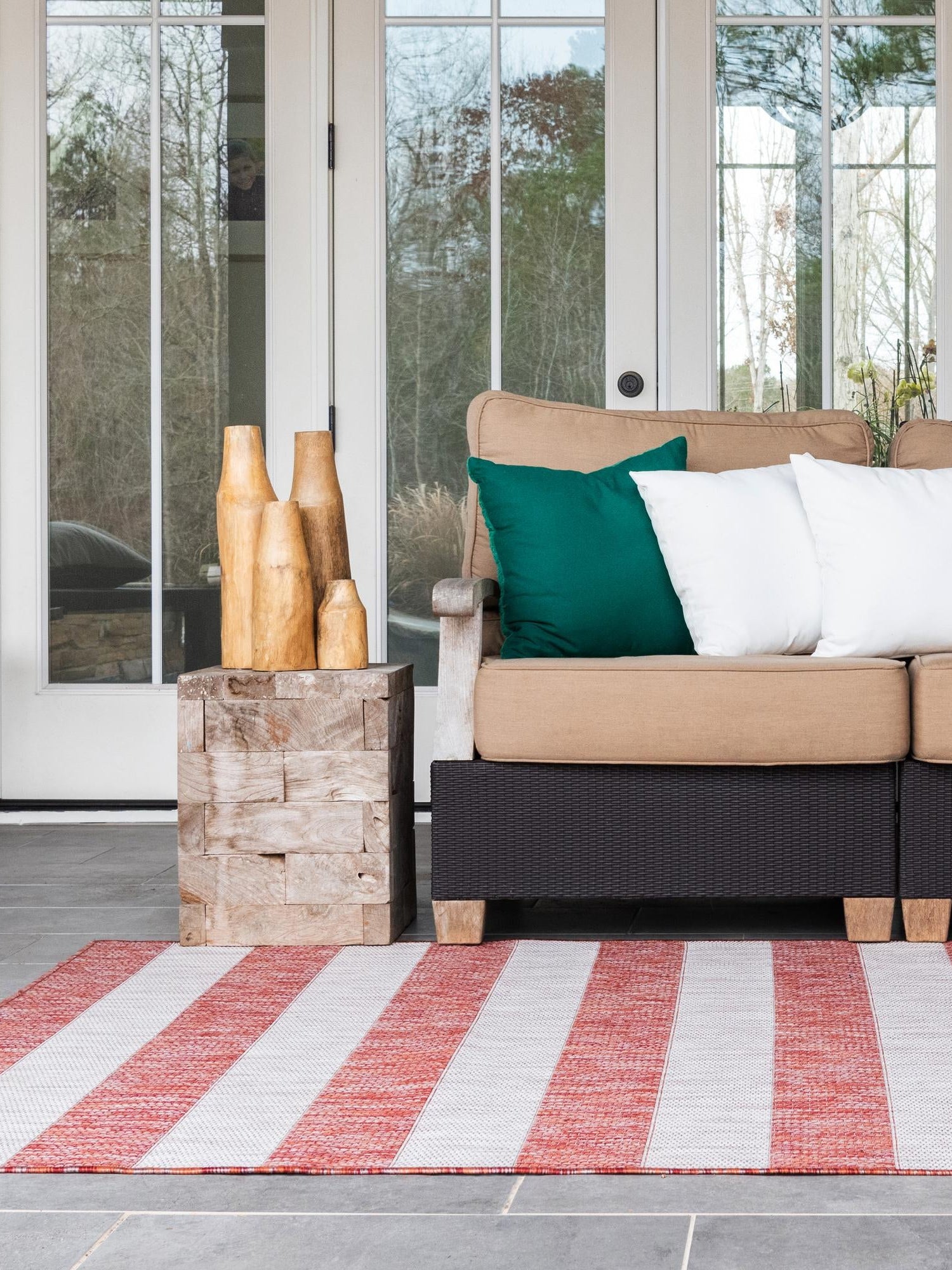 Rust Red 9' x 12' Outdoor Striped Rectangle Area Rug Weather Resistant for Patio, Deck, Terrace, Balcony, Porch Geometric Pattern Waterproof Carpet for Sale at Rug Engine