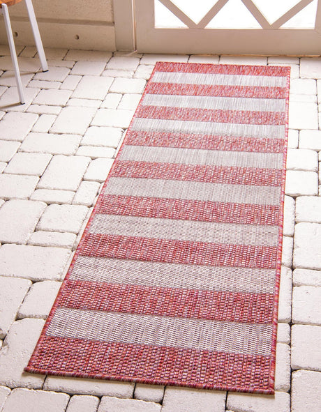 Rust Red 2' x 6' 1 Outdoor Striped Runner Area Rug Weather Resistant for Patio, Deck, Terrace, Balcony, Porch
