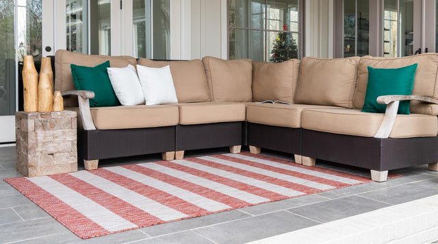 Rust Red 2' x 6' 1 Outdoor Striped Runner Area Rug Weather Resistant for Patio, Deck, Terrace, Balcony, Porch