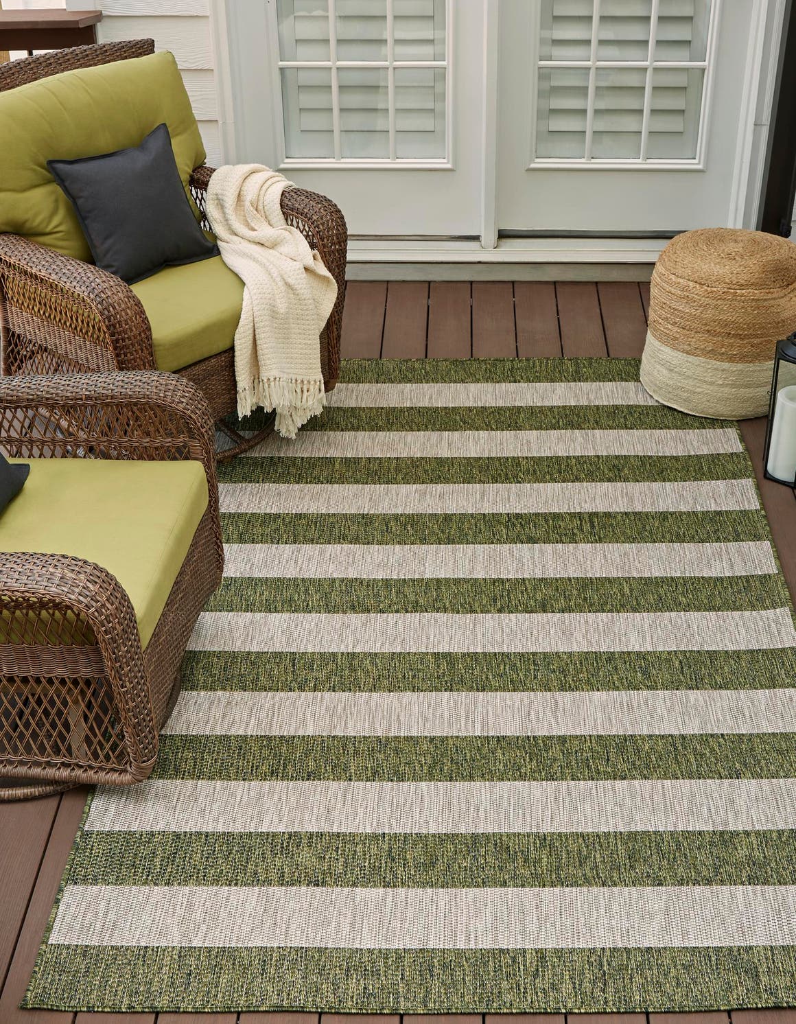Green 5' 3 x 8' Outdoor Striped Rectangle Area Rug Weather Resistant for Patio, Deck, Terrace, Balcony, Porch Geometric Pattern Waterproof Carpet for Sale at Rug Engine