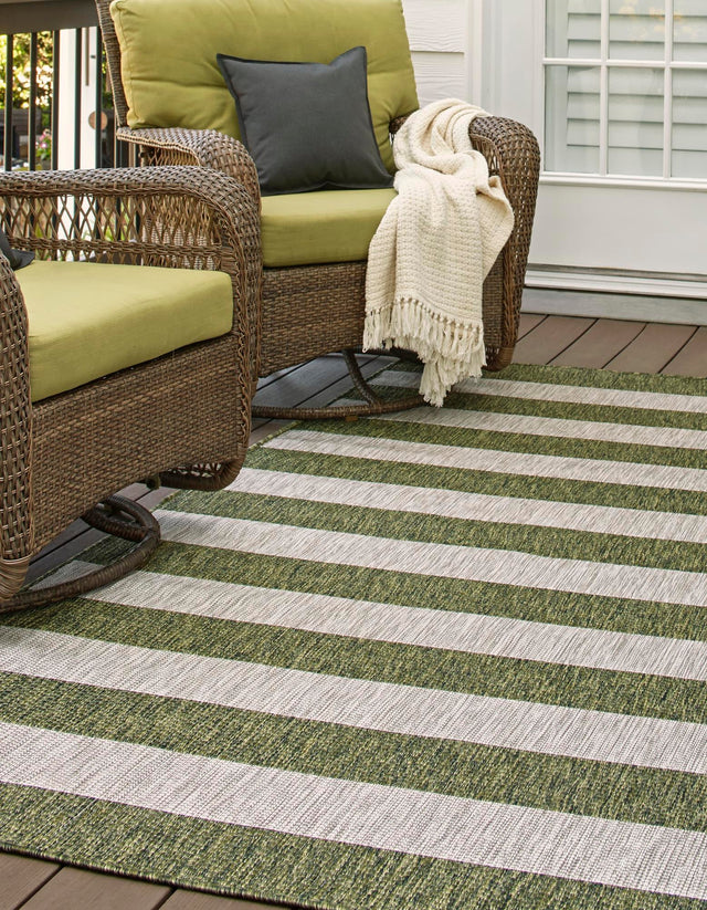 Green 6' 1 x 9' Outdoor Striped Rectangle Area Rug Weather Resistant for Patio, Deck, Terrace, Balcony, Porch Geometric Pattern Waterproof Carpet for Sale at Rug Engine
