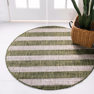 Green 6' 1 x 6' 1 Outdoor Striped Round Area Rug Weather Resistant for Patio, Deck, Terrace, Balcony, Porch Geometric Pattern Waterproof Carpet for Sale at Rug Engine