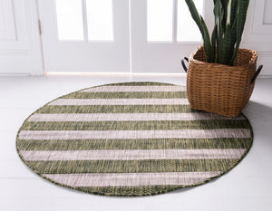 Green 6' 1 x 6' 1 Outdoor Striped Round Area Rug Weather Resistant for Patio, Deck, Terrace, Balcony, Porch Geometric Pattern Waterproof Carpet for Sale at Rug Engine