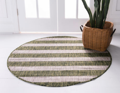 Green 6' 1 x 6' 1 Outdoor Striped Round Area Rug Weather Resistant for Patio, Deck, Terrace, Balcony, Porch Geometric Pattern Waterproof Carpet for Sale at Rug Engine