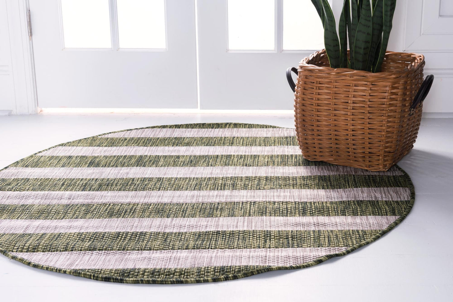 Green 6' 1 x 6' 1 Outdoor Striped Round Area Rug Weather Resistant for Patio, Deck, Terrace, Balcony, Porch Geometric Pattern Waterproof Carpet for Sale at Rug Engine