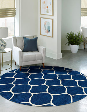 Navy Blue 7' 1 x 7' 1 Trellis Frieze Round Area Rug Geometric Modern Unique Stain Resistant Easy Clean Carpet for Living, Dining, Bedrooms, Office for Sale at Rug Engine