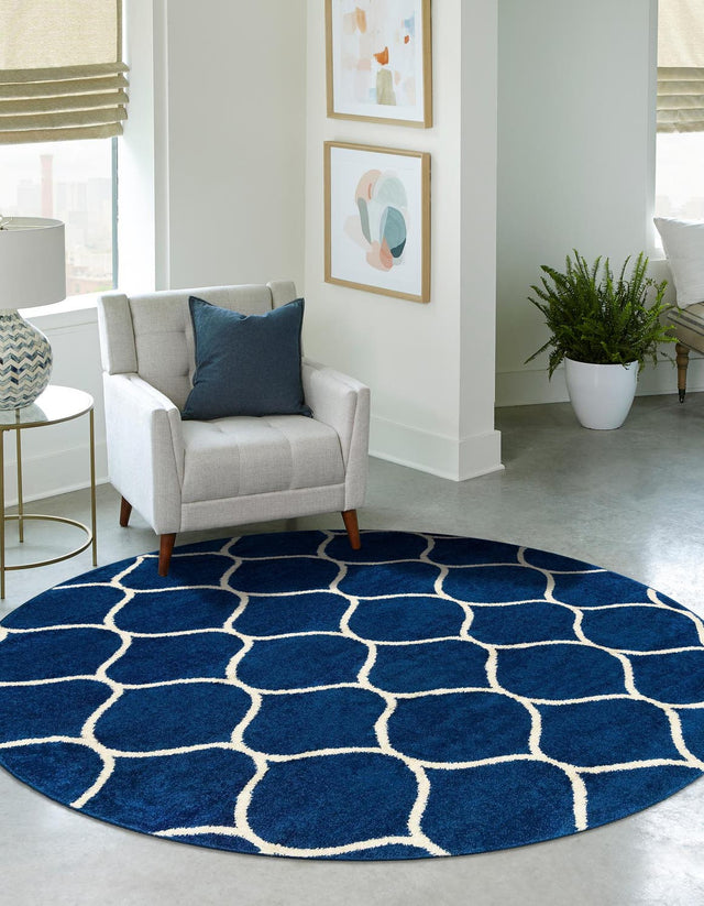 Navy Blue 3' 1 x 3' 1 Trellis Frieze Round Area Rug Geometric Modern Unique Stain Resistant Easy Clean Carpet for Living, Dining, Bedrooms, Office for Sale at Rug Engine