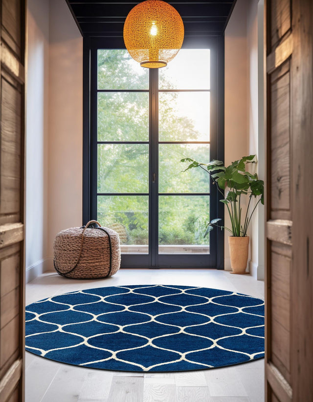 Navy Blue 7' 10 x 7' 10 Trellis Frieze Round Area Rug Geometric Modern Unique Stain Resistant Easy Clean Carpet for Living, Dining, Bedrooms, Office for Sale at Rug Engine