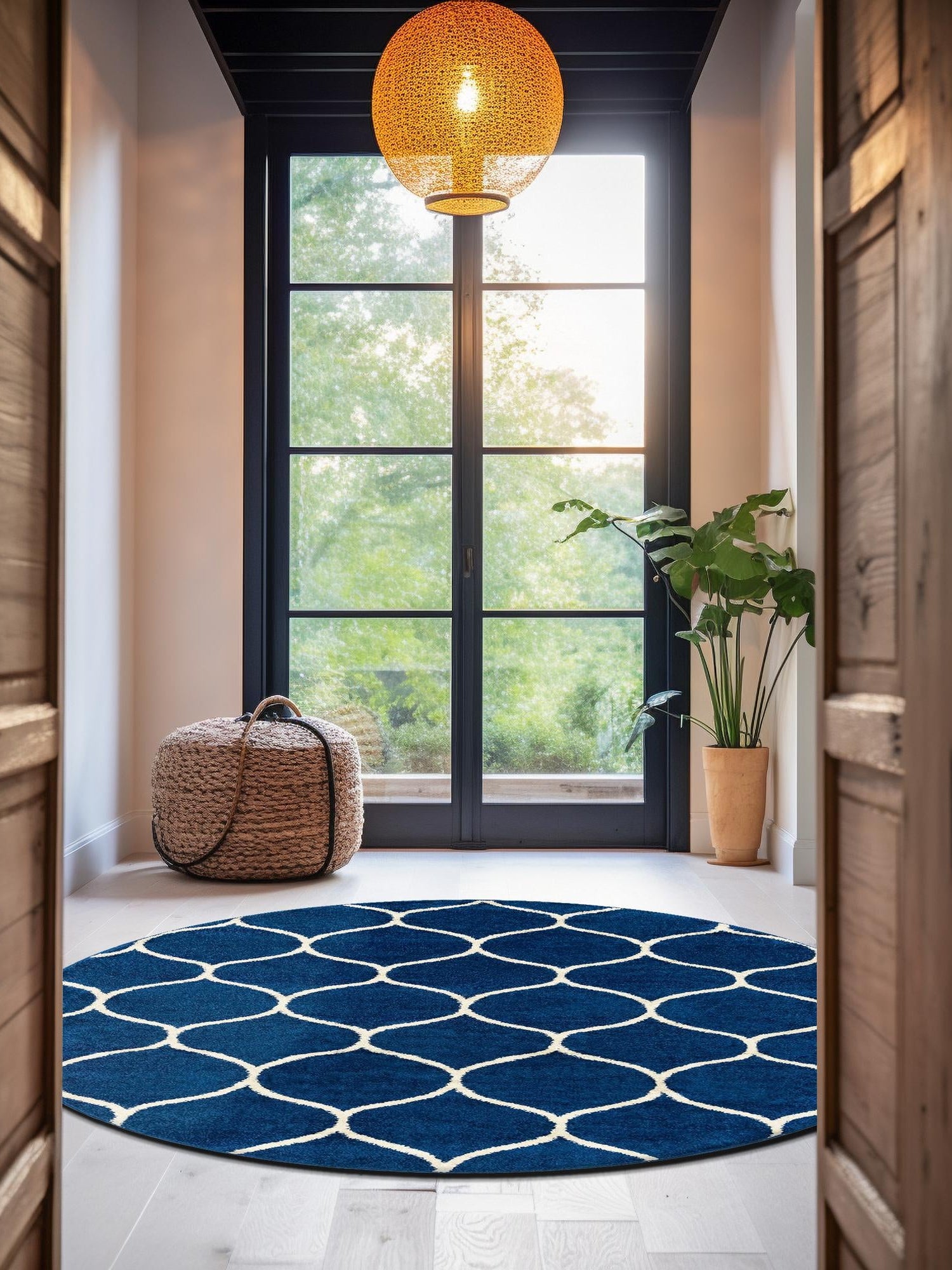 Navy Blue 4' 1 x 4' 1 Trellis Frieze Round Area Rug Geometric Modern Unique Stain Resistant Easy Clean Carpet for Living, Dining, Bedrooms, Office for Sale at Rug Engine